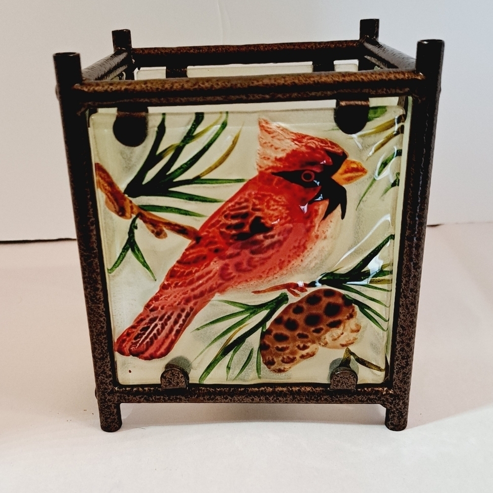 Hand Painted‎ Red Cardinal  Frosted Etched Glass Square Candle Lantern Holder